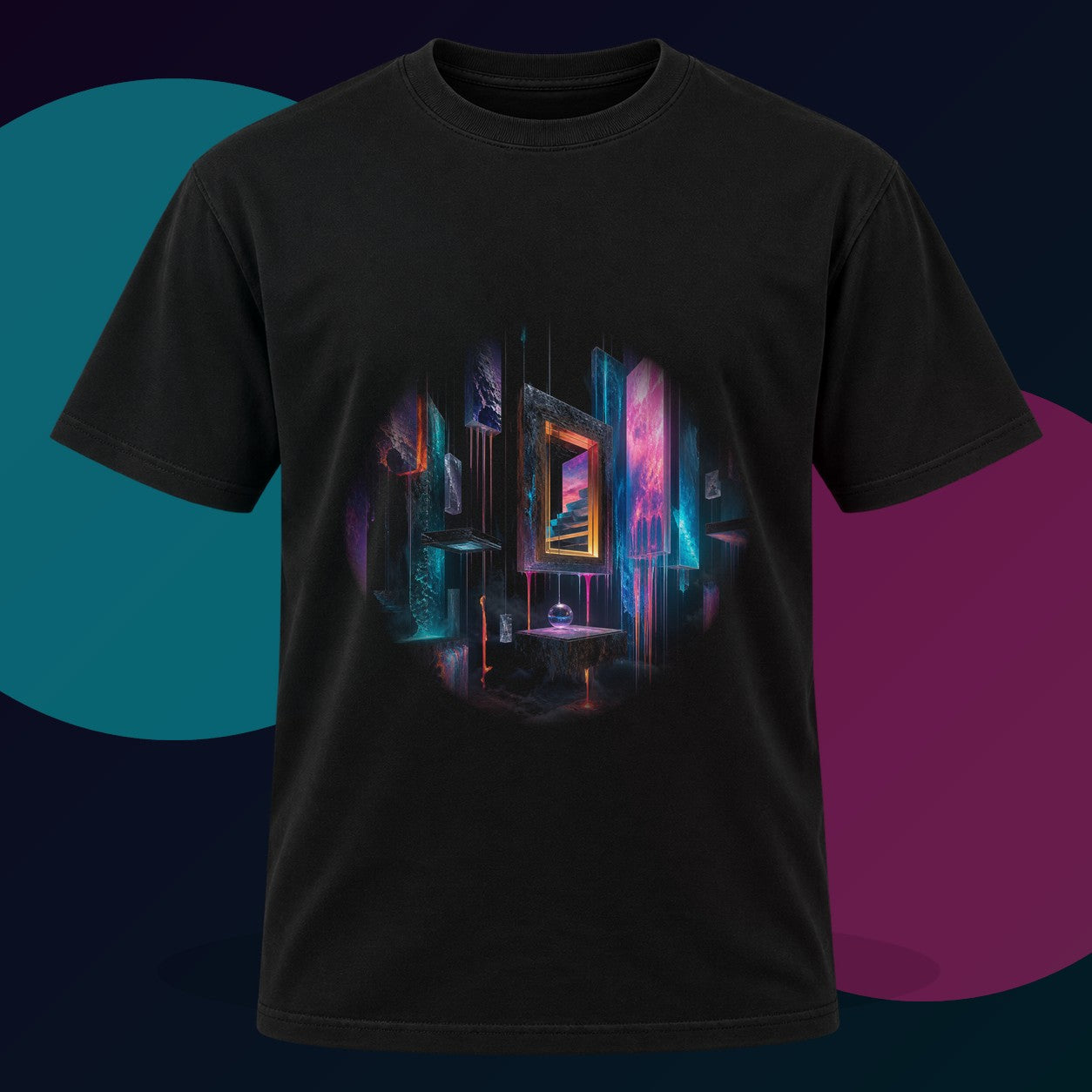 Museum of Falling Light original KOSVYRE design on a black graphic tee with cyan and violet studio lighting