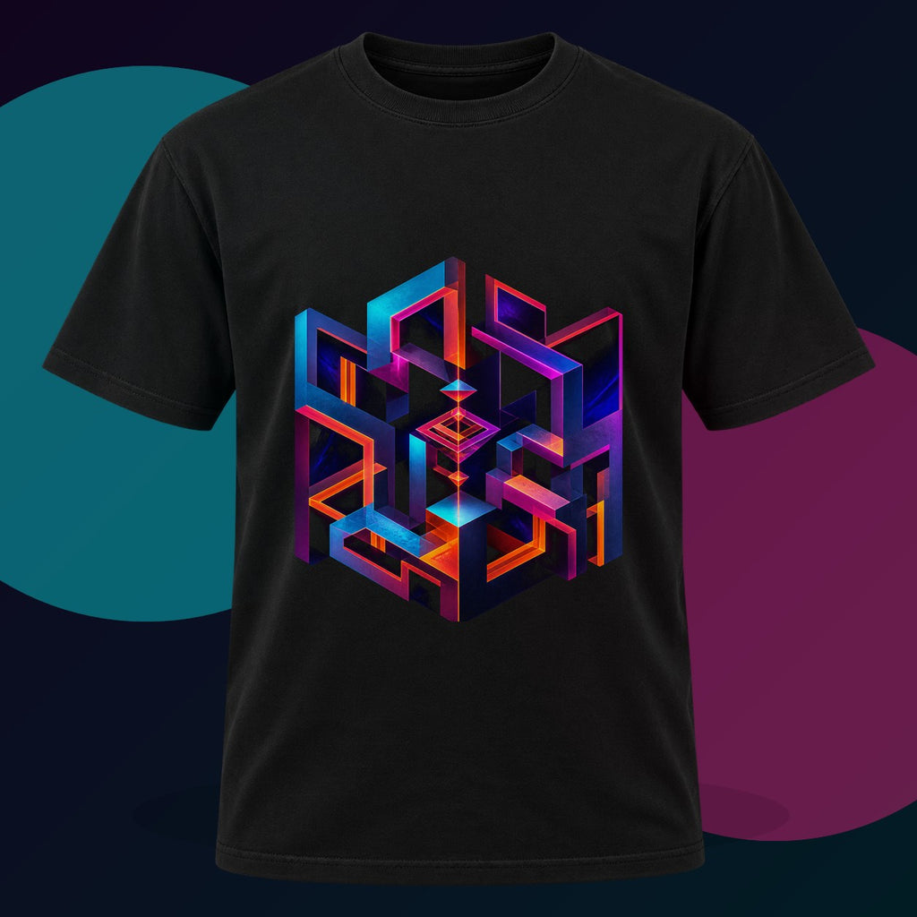 Negative Space Oracle original KOSVYRE design on a black graphic tee with cyan and violet studio lighting