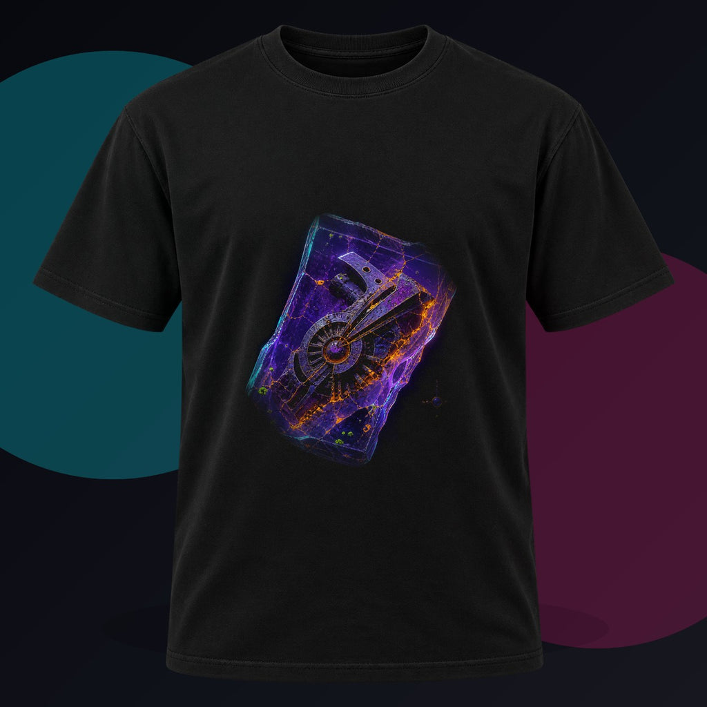 Neon Fossil Archive original KOSVYRE design on a black graphic tee against a graphite studio background