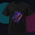 Neon Fossil Archive original KOSVYRE design on a black graphic tee against a graphite studio background