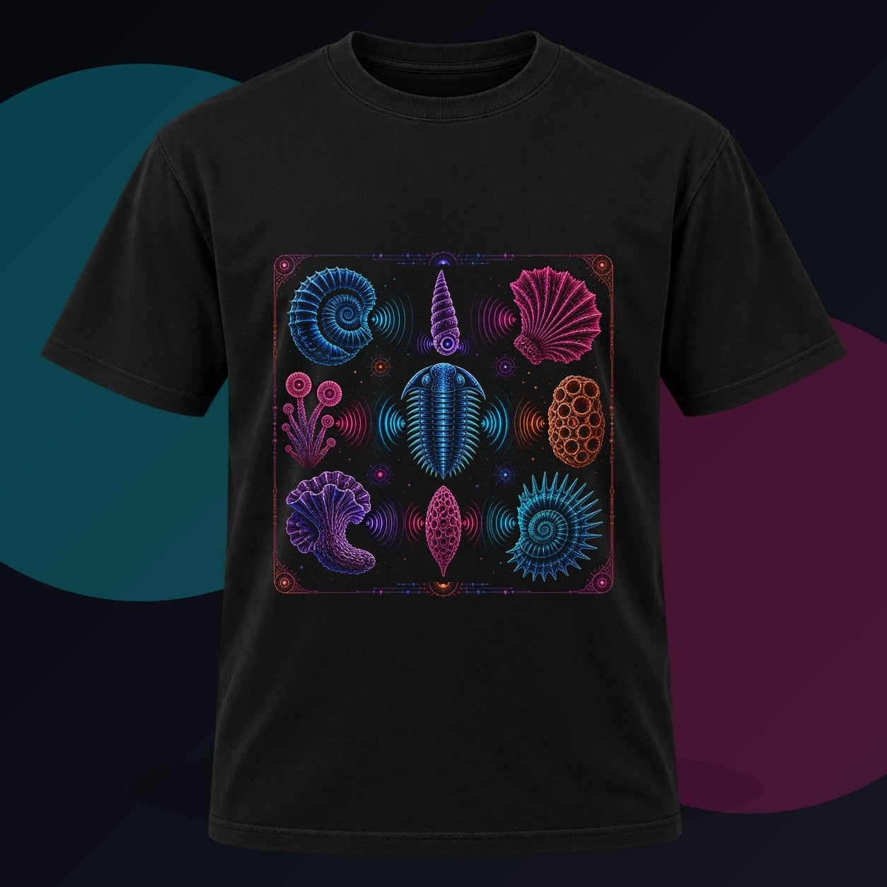 Neon Fossil Choir original KOSVYRE design on a black graphic tee against a graphite studio background