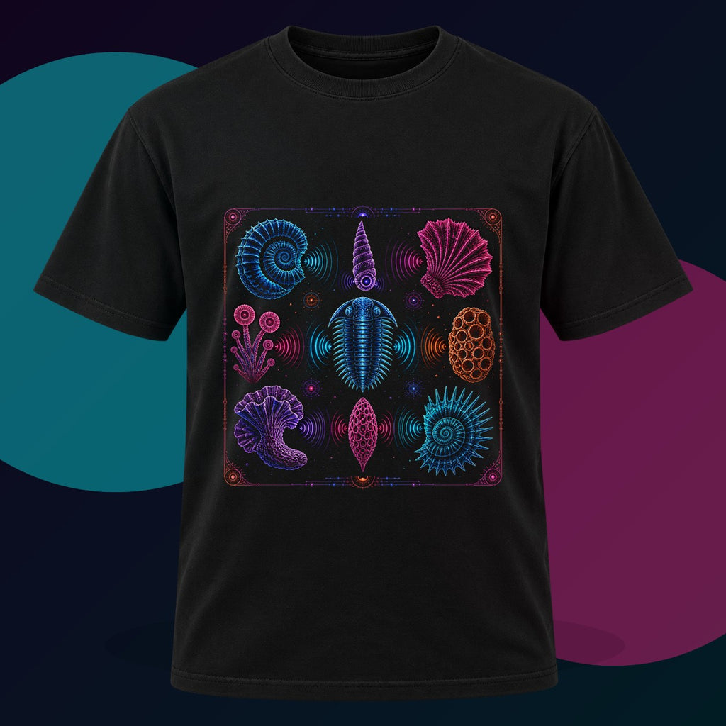 Neon Fossil Choir original KOSVYRE design on a black graphic tee with cyan and violet studio lighting