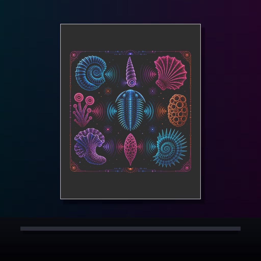 Neon Fossil Choir original KOSVYRE poster displayed in a dark psychedelic gallery setting