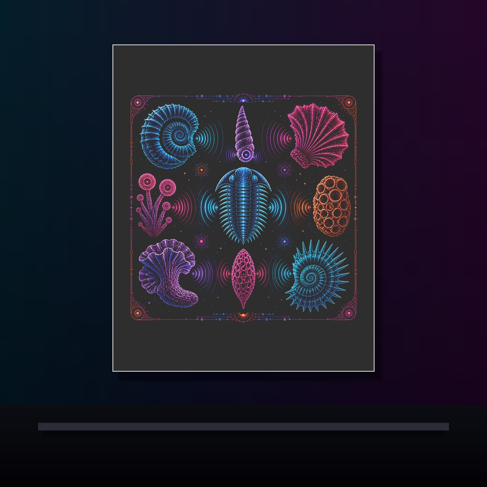Neon Fossil Choir original KOSVYRE poster displayed in a dark psychedelic gallery setting