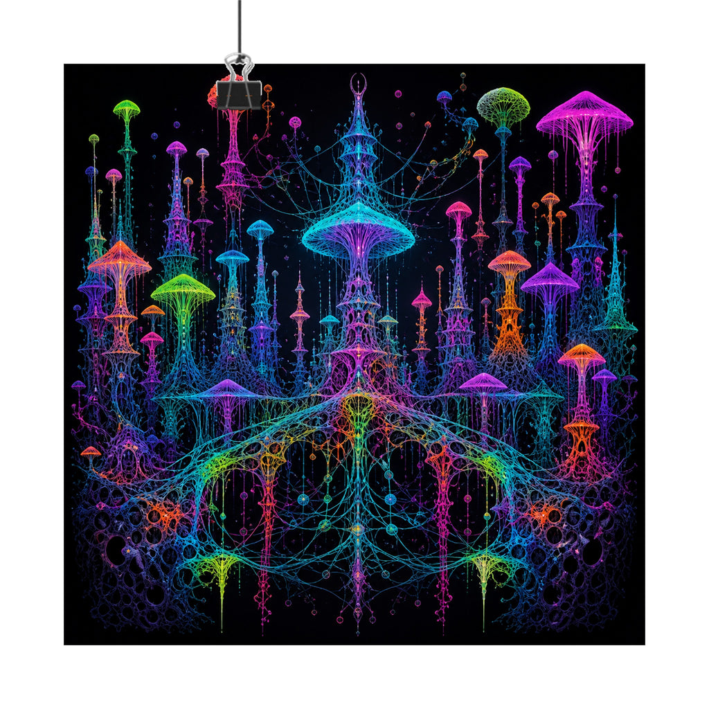 Neon Mycelial Parliament original KOSVYRE art print displayed with binder clips
