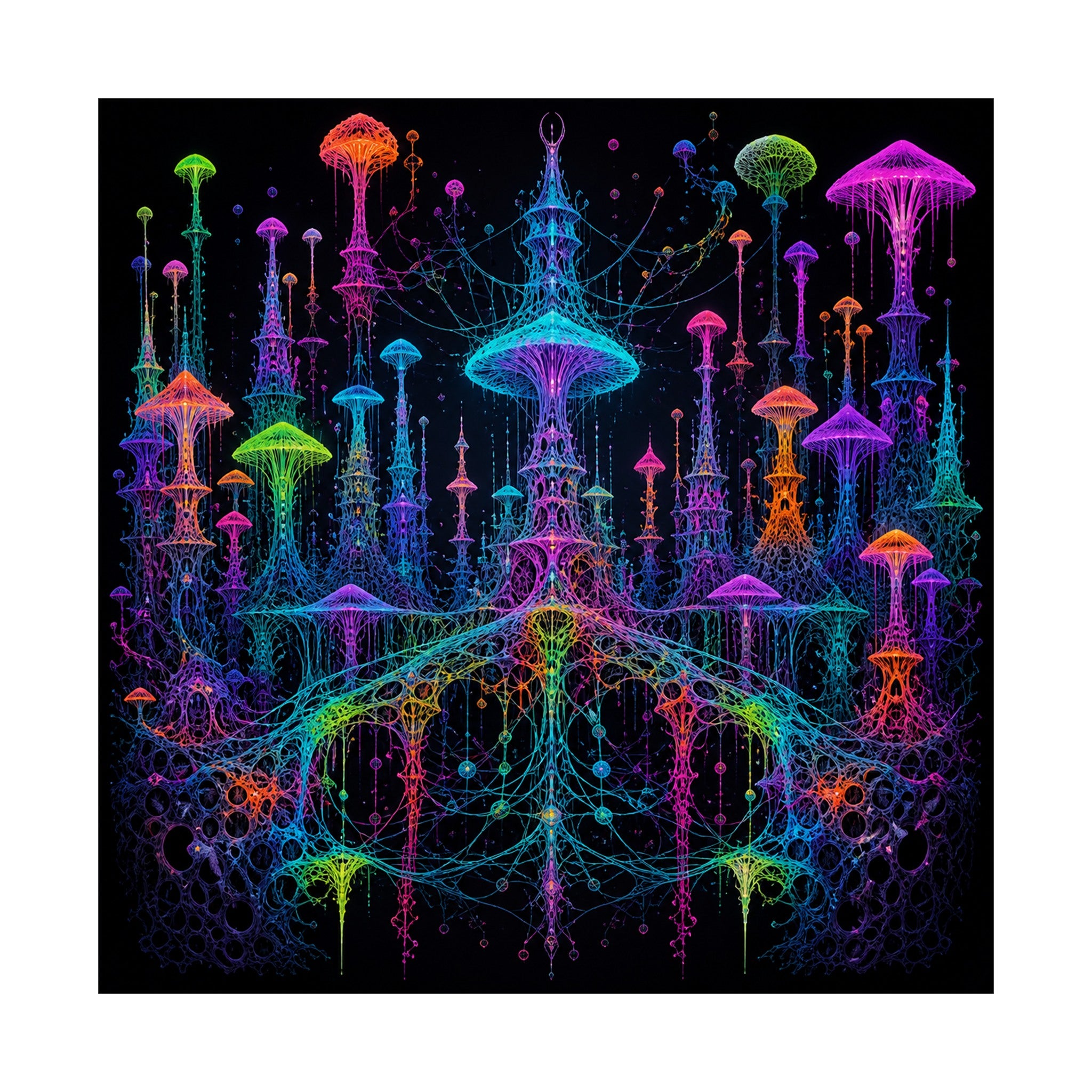 Neon Mycelial Parliament original KOSVYRE art print shown on a clean white display