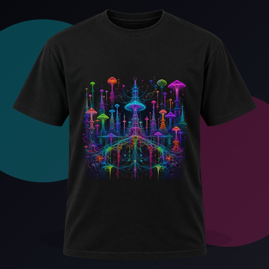 Neon Mycelial Parliament original KOSVYRE design on a black graphic tee against a graphite studio background