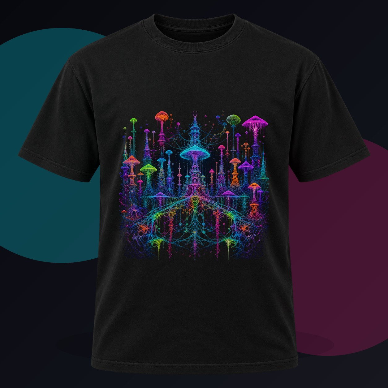 Neon Mycelial Parliament original KOSVYRE design on a black graphic tee against a graphite studio background