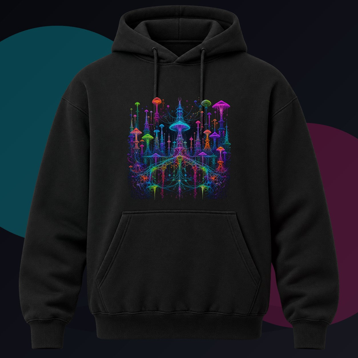 Neon Mycelial Parliament original KOSVYRE design on a black hoodie against a graphite studio background