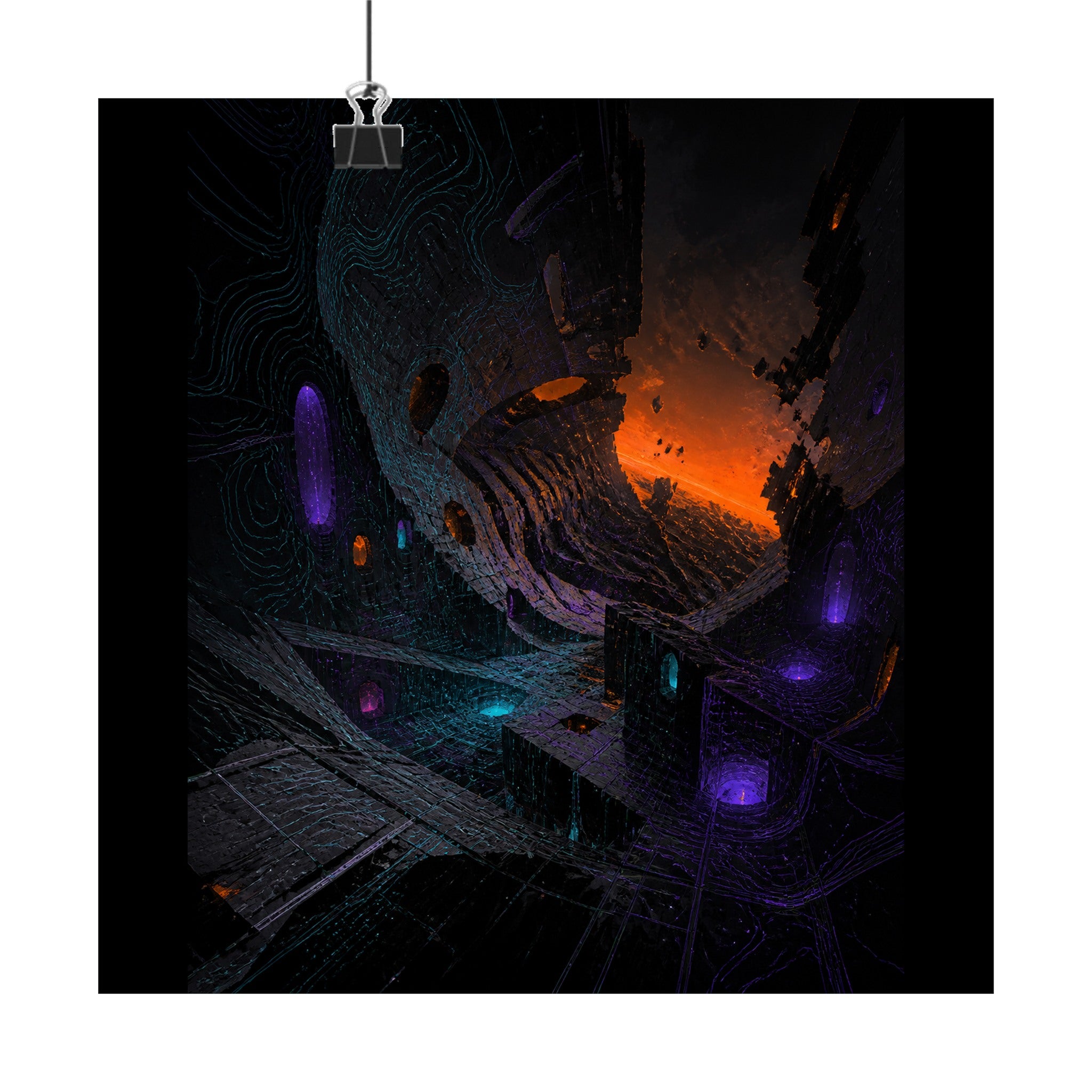 Neon Ruin Cartograph original KOSVYRE art print displayed with binder clips