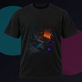 Neon Ruin Cartograph original KOSVYRE design on a black graphic tee against a graphite studio background