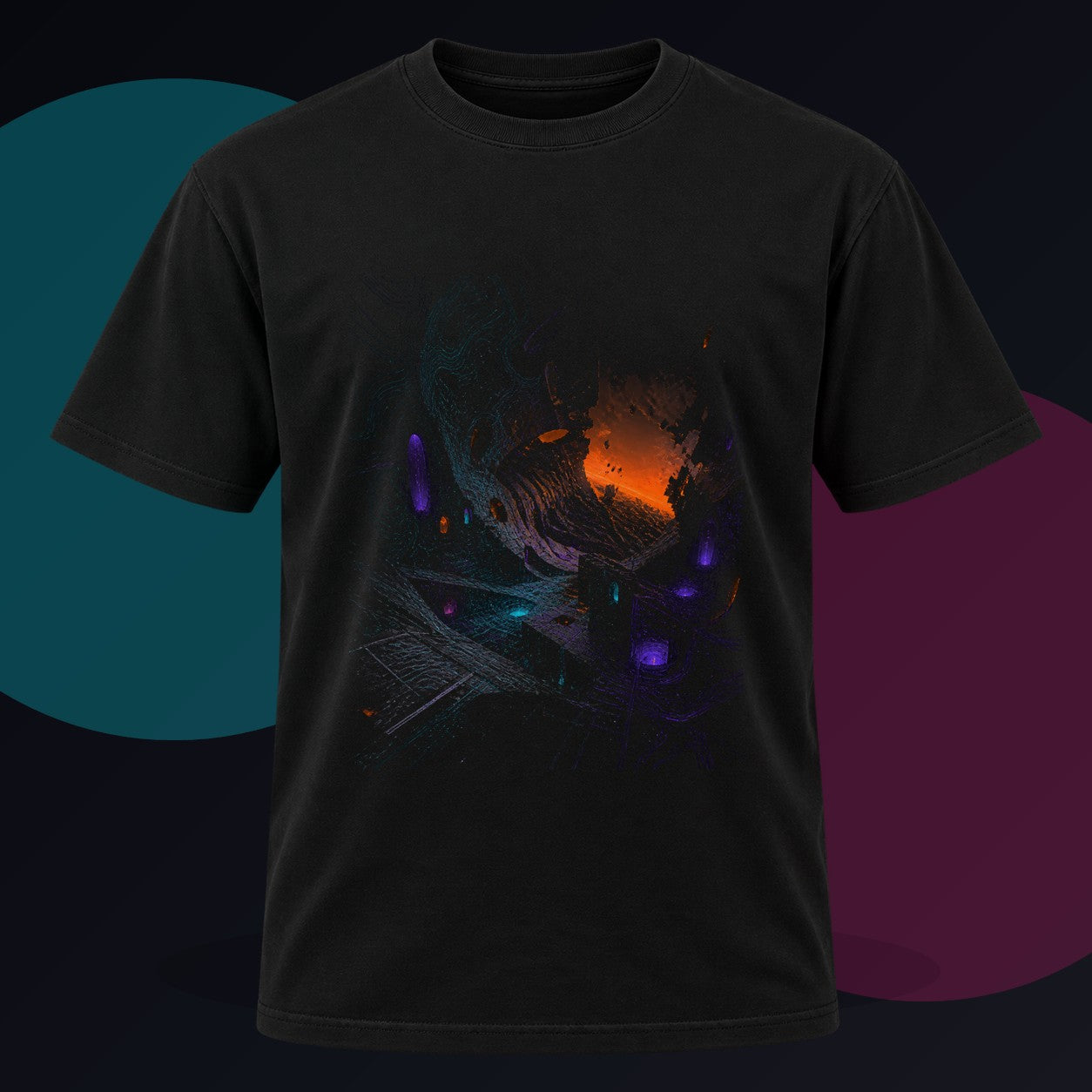Neon Ruin Cartograph original KOSVYRE design on a black graphic tee against a graphite studio background