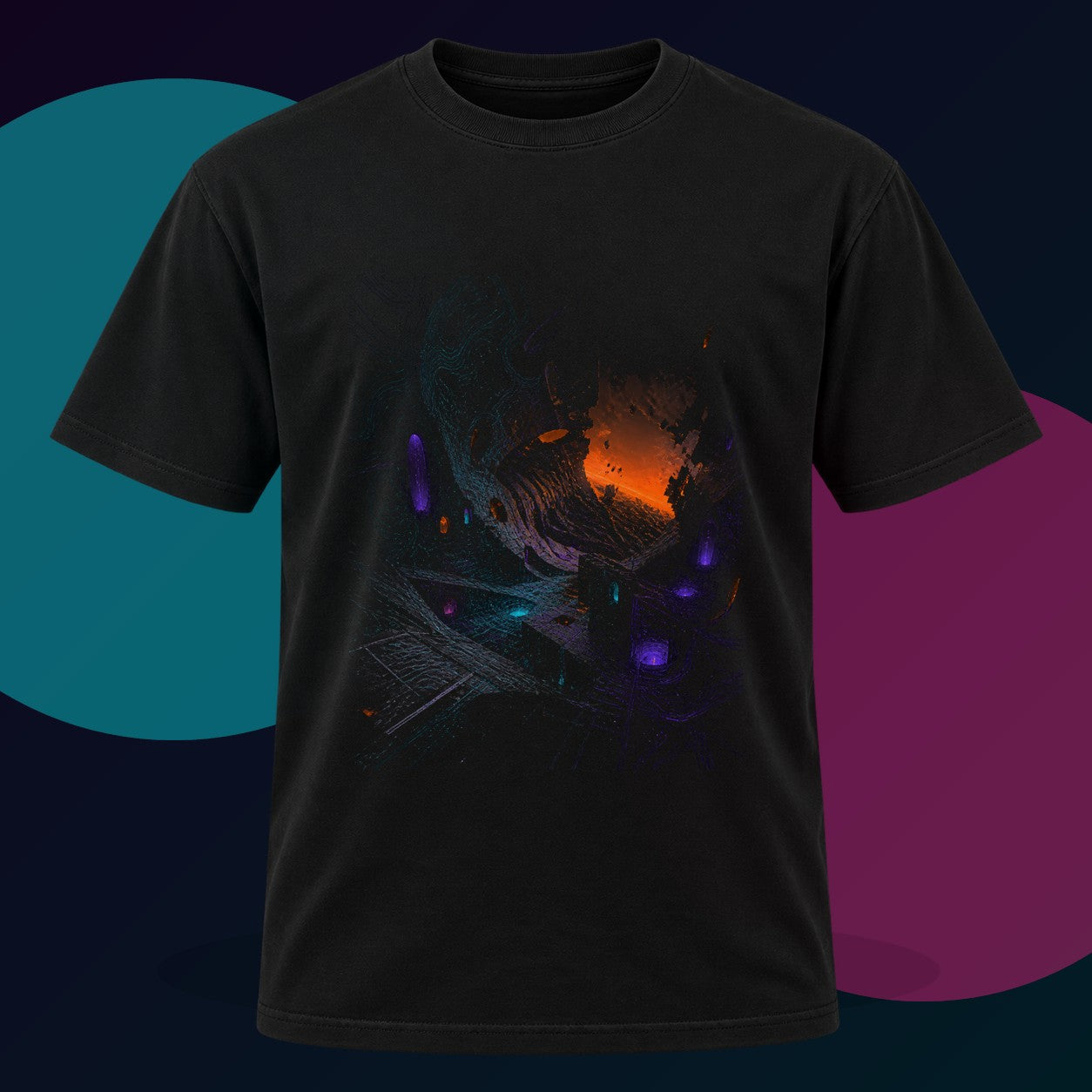 Neon Ruin Cartograph original KOSVYRE design on a black graphic tee with cyan and violet studio lighting