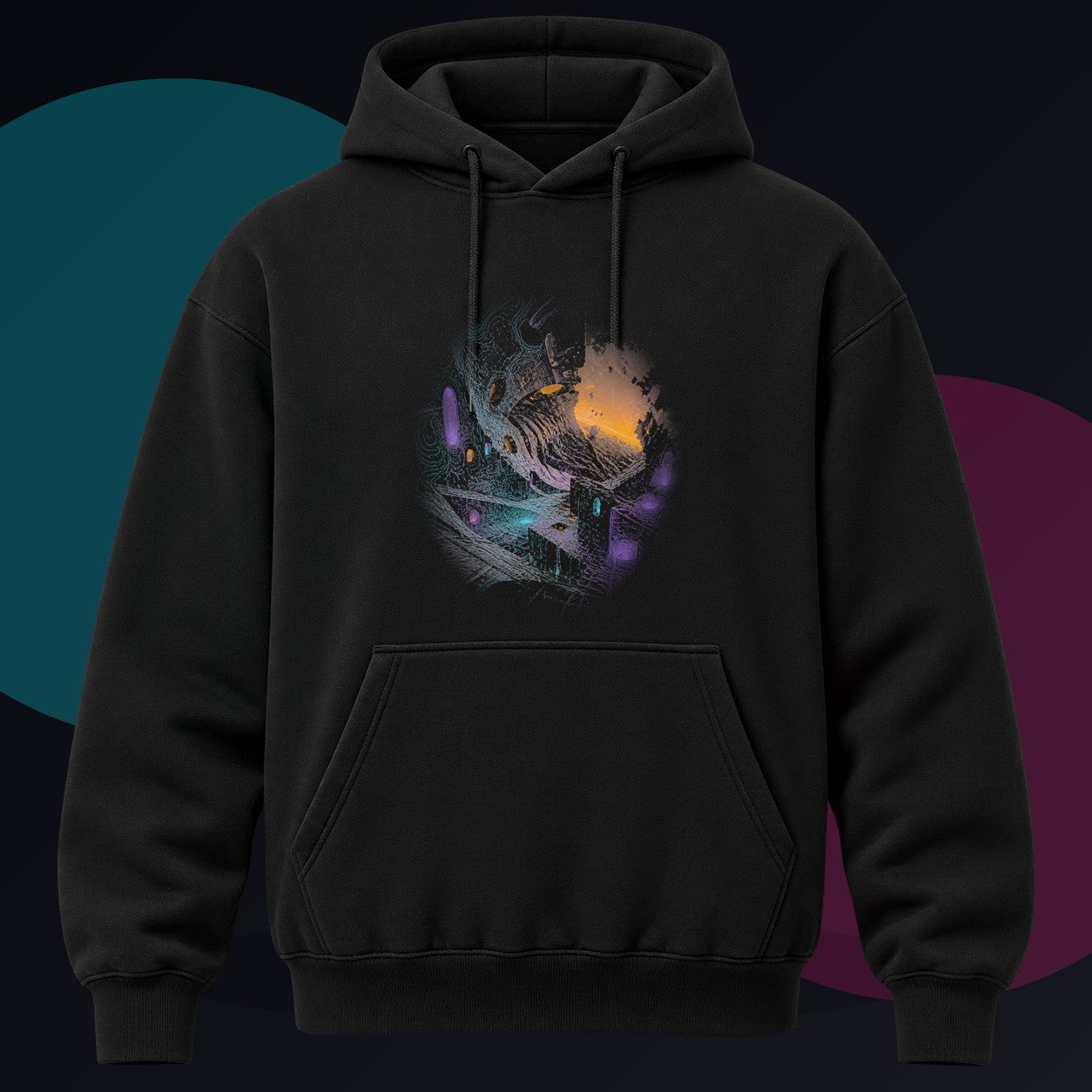 Neon Ruin Cartograph original KOSVYRE design on a black hoodie against a graphite studio background