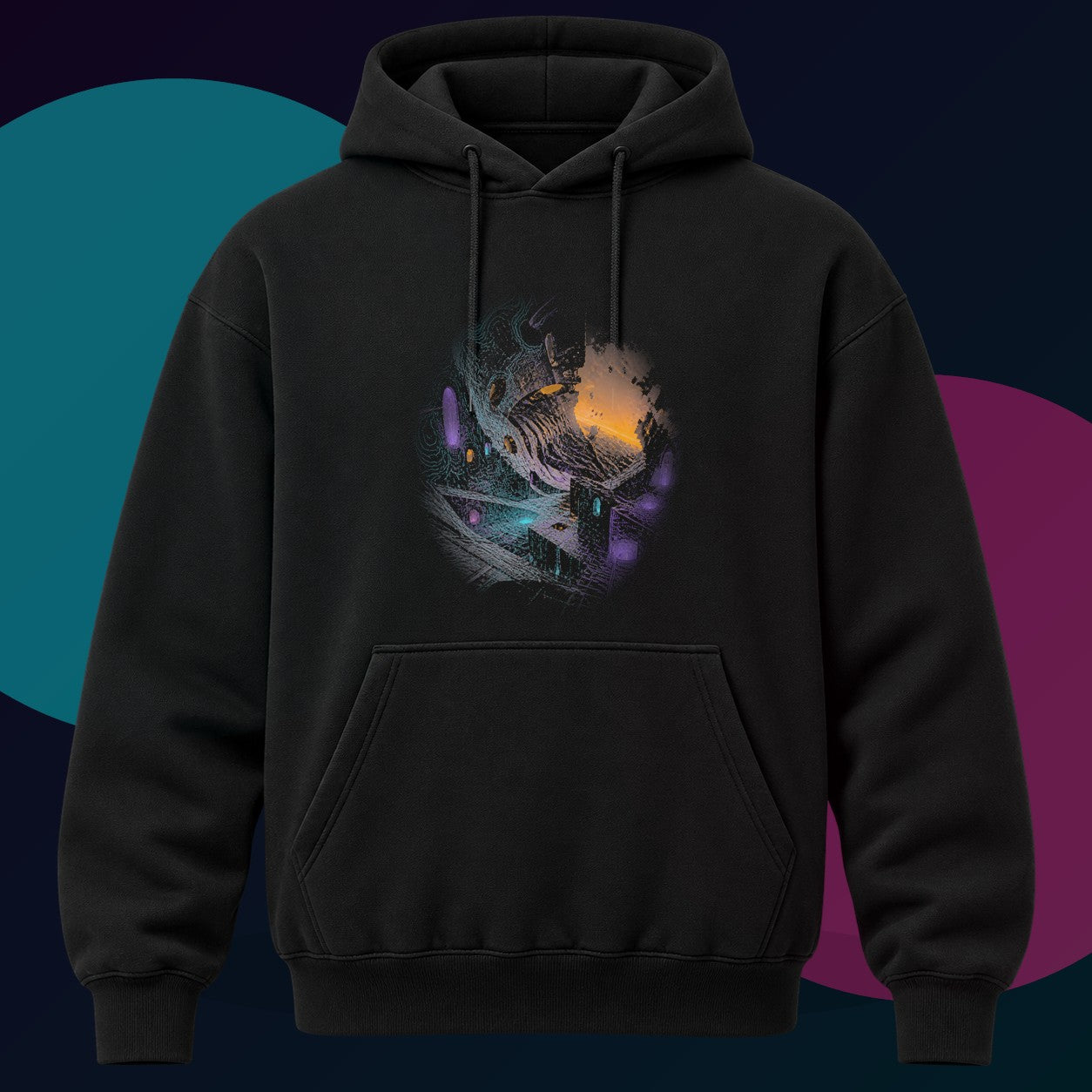 Neon Ruin Cartograph original KOSVYRE design on a black hoodie with cyan and violet studio lighting