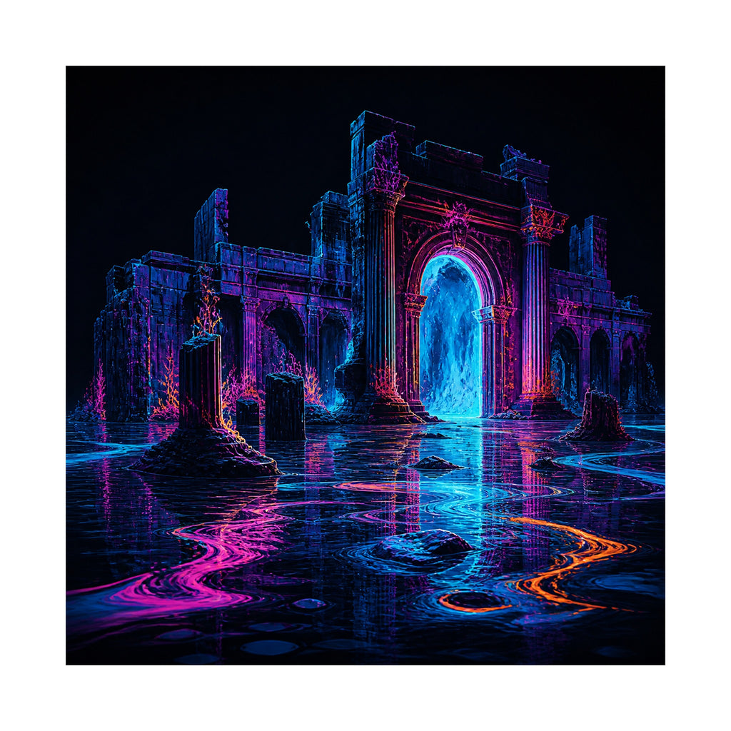 Neon Ruins at Low Tide original KOSVYRE art print shown on a clean white display