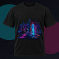 Neon Ruins at Low Tide original KOSVYRE design on a black graphic tee against a graphite studio background