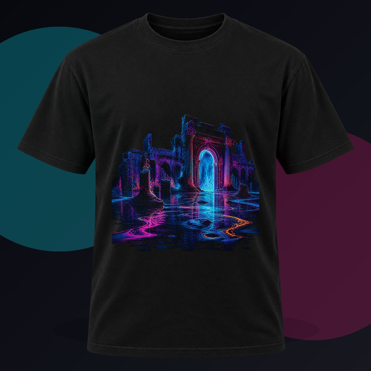 Neon Ruins at Low Tide original KOSVYRE design on a black graphic tee against a graphite studio background