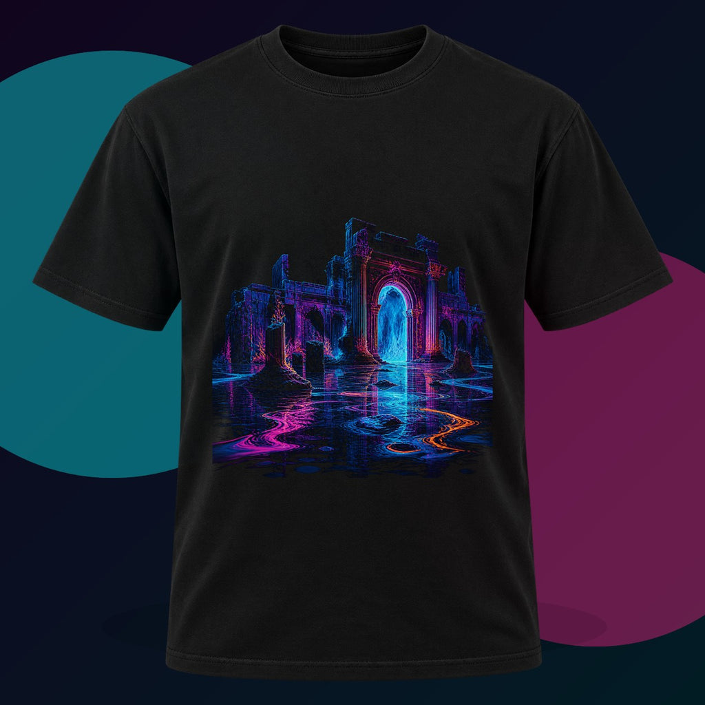 Neon Ruins at Low Tide original KOSVYRE design on a black graphic tee with cyan and violet studio lighting