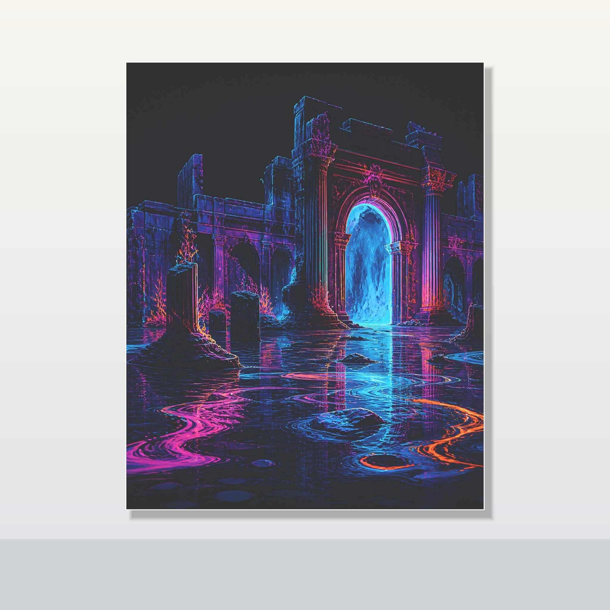 Neon Ruins at Low Tide original KOSVYRE poster shown on a clean unframed display