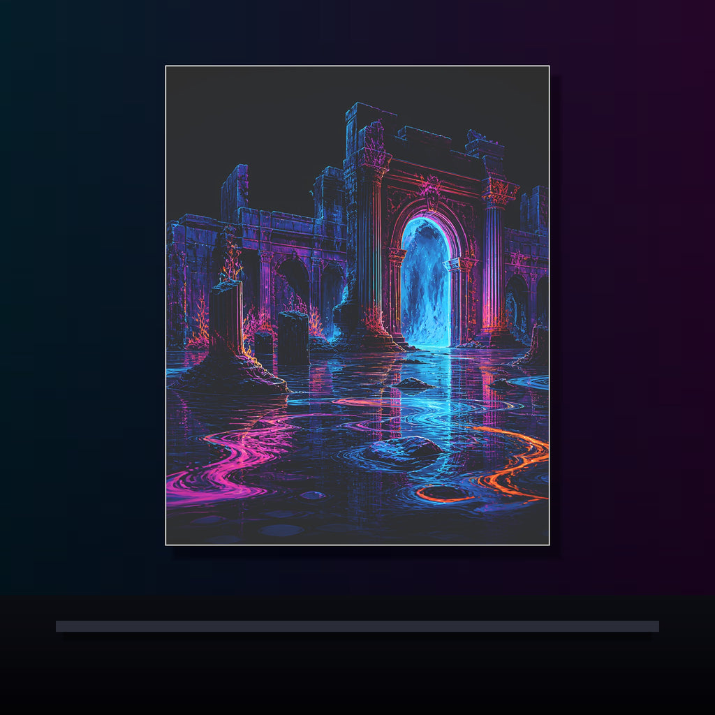 Neon Ruins at Low Tide original KOSVYRE poster displayed in a dark psychedelic gallery setting