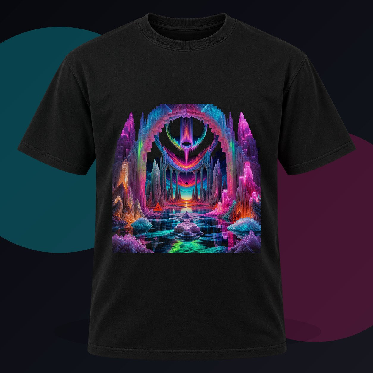 Neon Salt Cathedral original KOSVYRE design on a black graphic tee against a graphite studio background