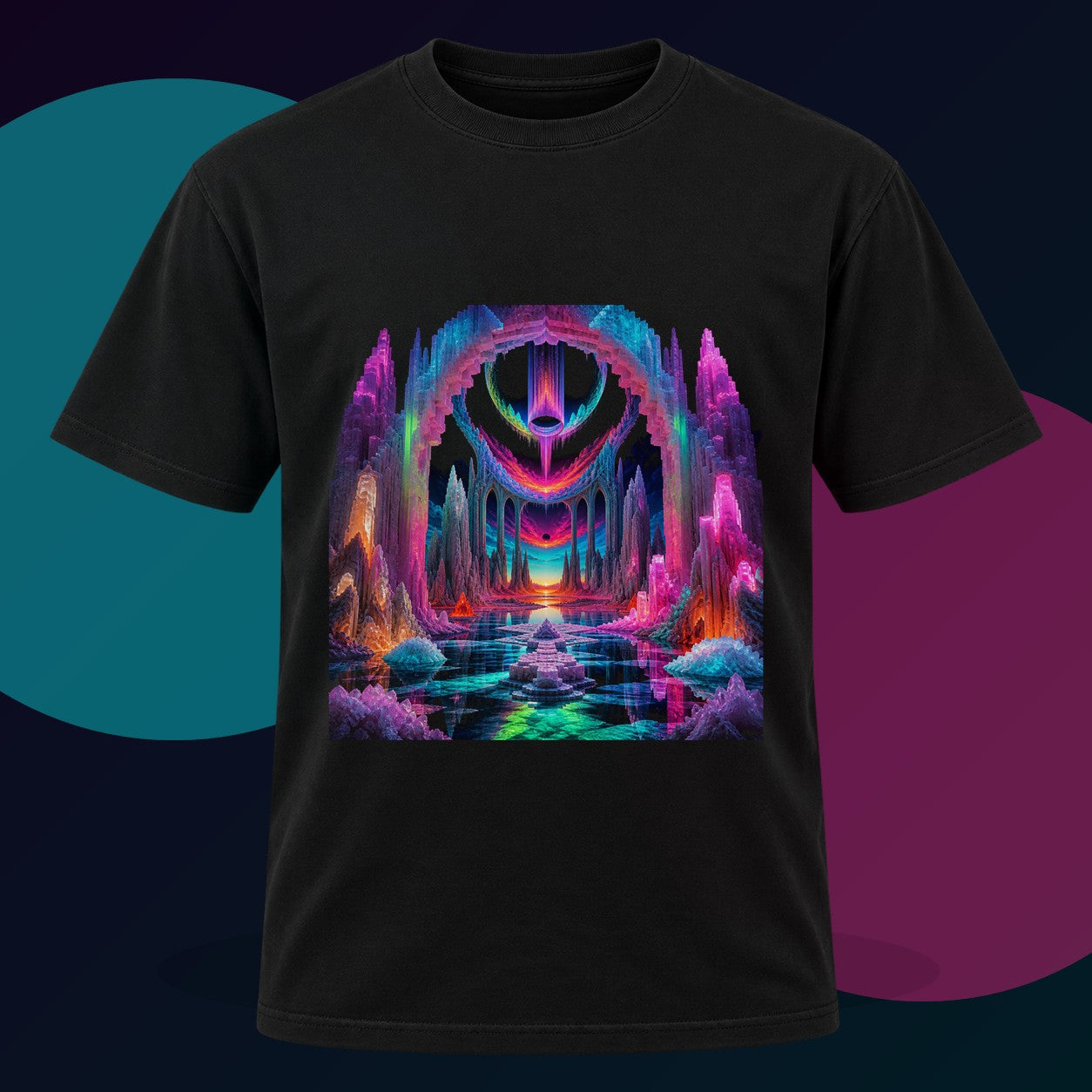 Neon Salt Cathedral original KOSVYRE design on a black graphic tee with cyan and violet studio lighting