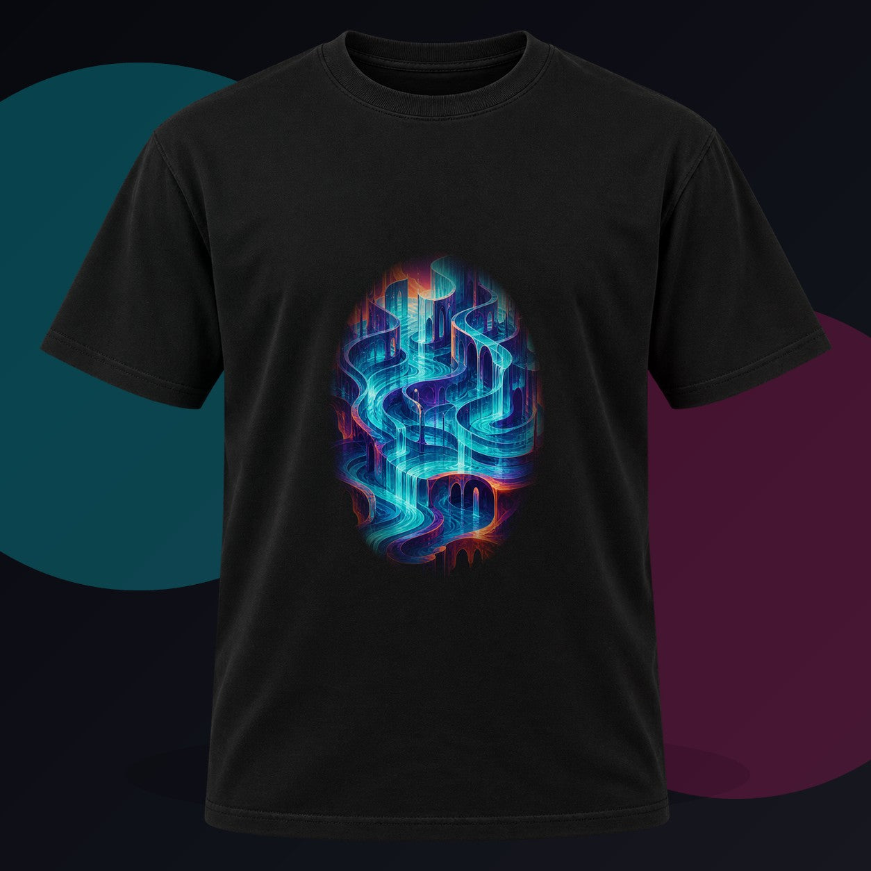 Neon Tidal Archive original KOSVYRE design on a black graphic tee against a graphite studio background