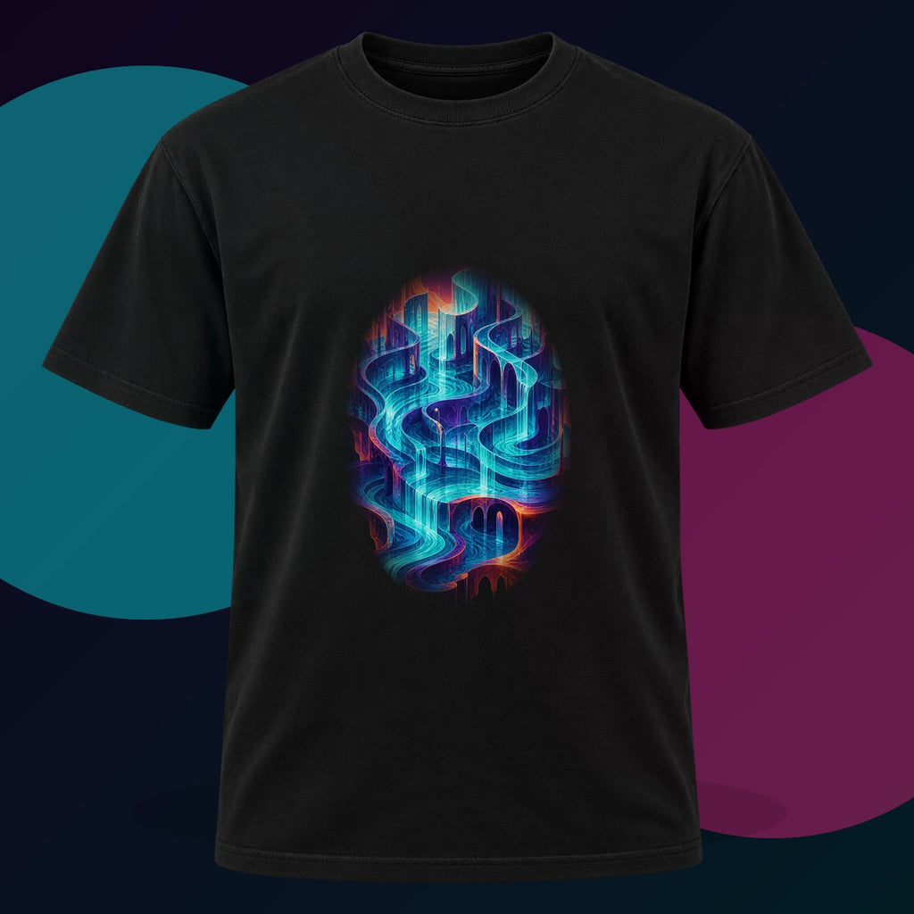 Neon Tidal Archive original KOSVYRE design on a black graphic tee with cyan and violet studio lighting