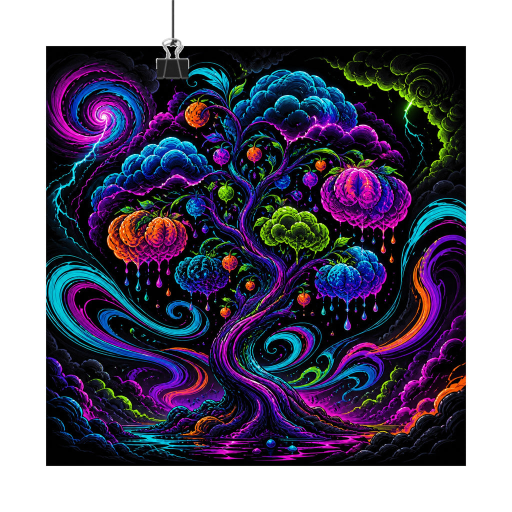 Neon Weather Orchard original KOSVYRE art print displayed with binder clips
