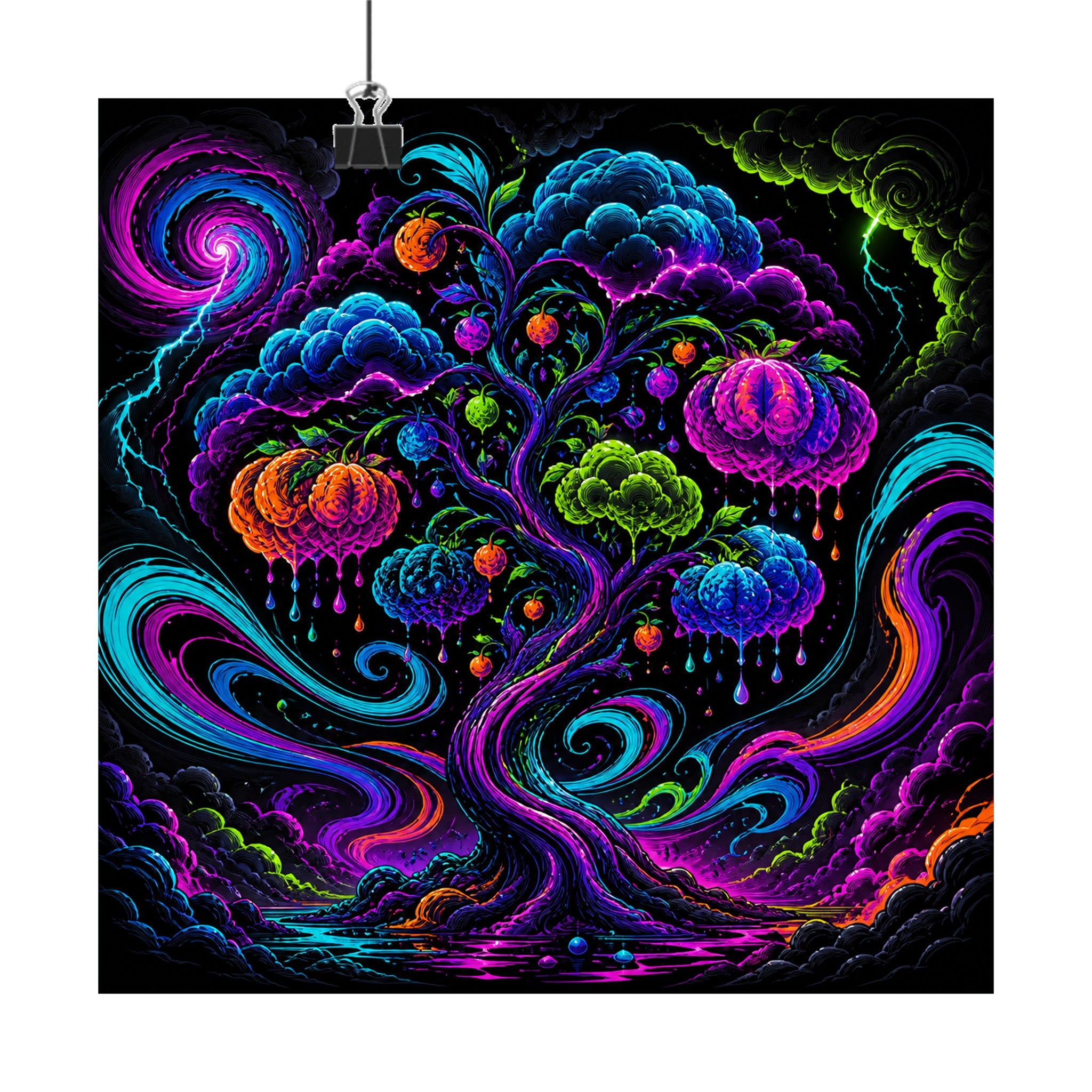 Neon Weather Orchard original KOSVYRE art print displayed with binder clips