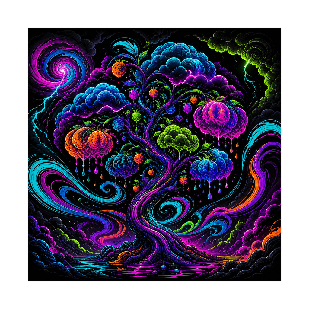 Neon Weather Orchard original KOSVYRE art print shown on a clean white display