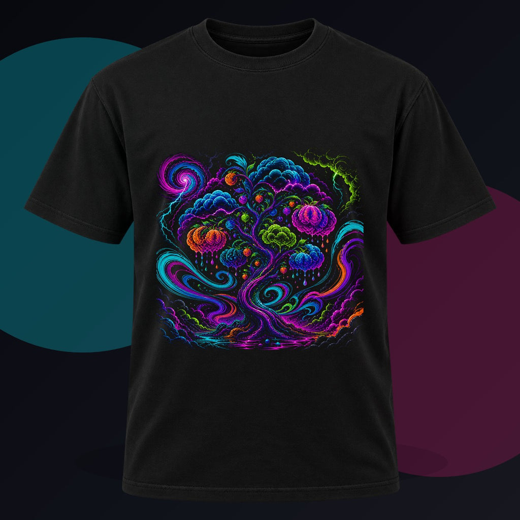 Neon Weather Orchard original KOSVYRE design on a black graphic tee against a graphite studio background