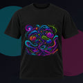 Neon Weather Orchard original KOSVYRE design on a black graphic tee against a graphite studio background