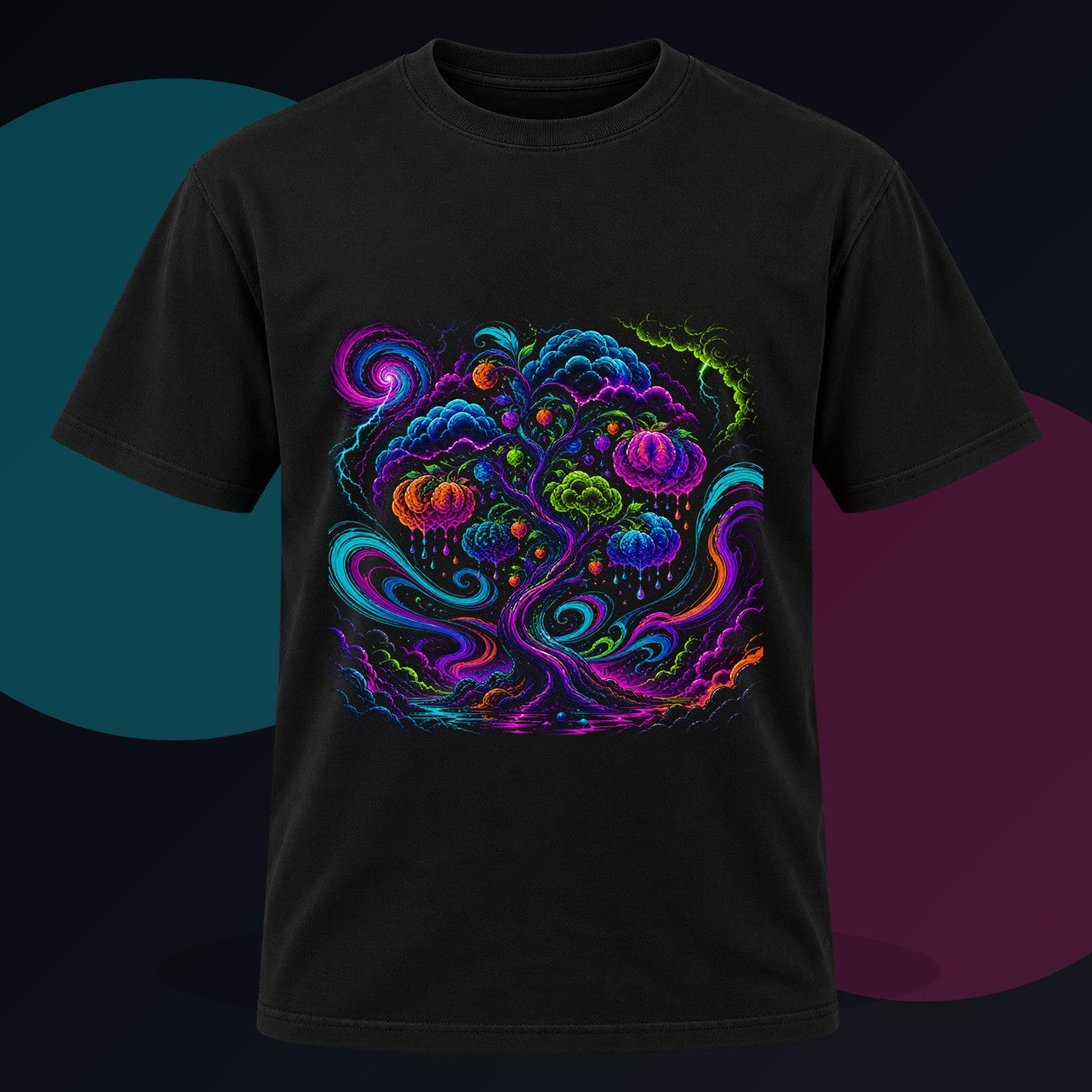 Neon Weather Orchard original KOSVYRE design on a black graphic tee against a graphite studio background