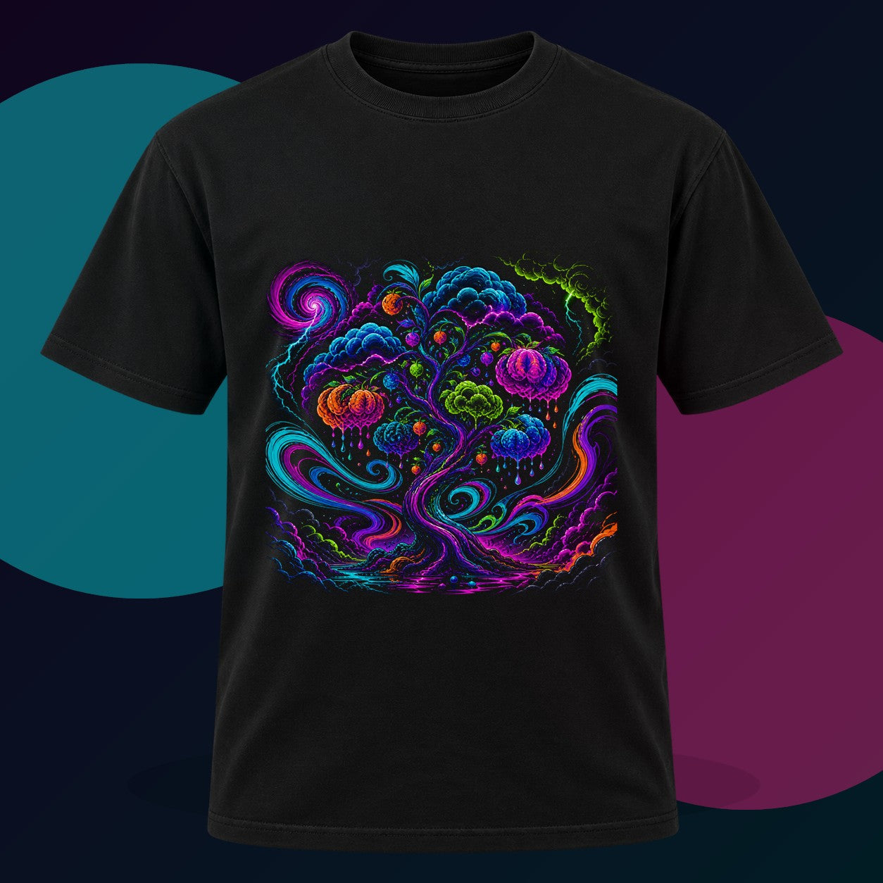 Neon Weather Orchard original KOSVYRE design on a black graphic tee with cyan and violet studio lighting