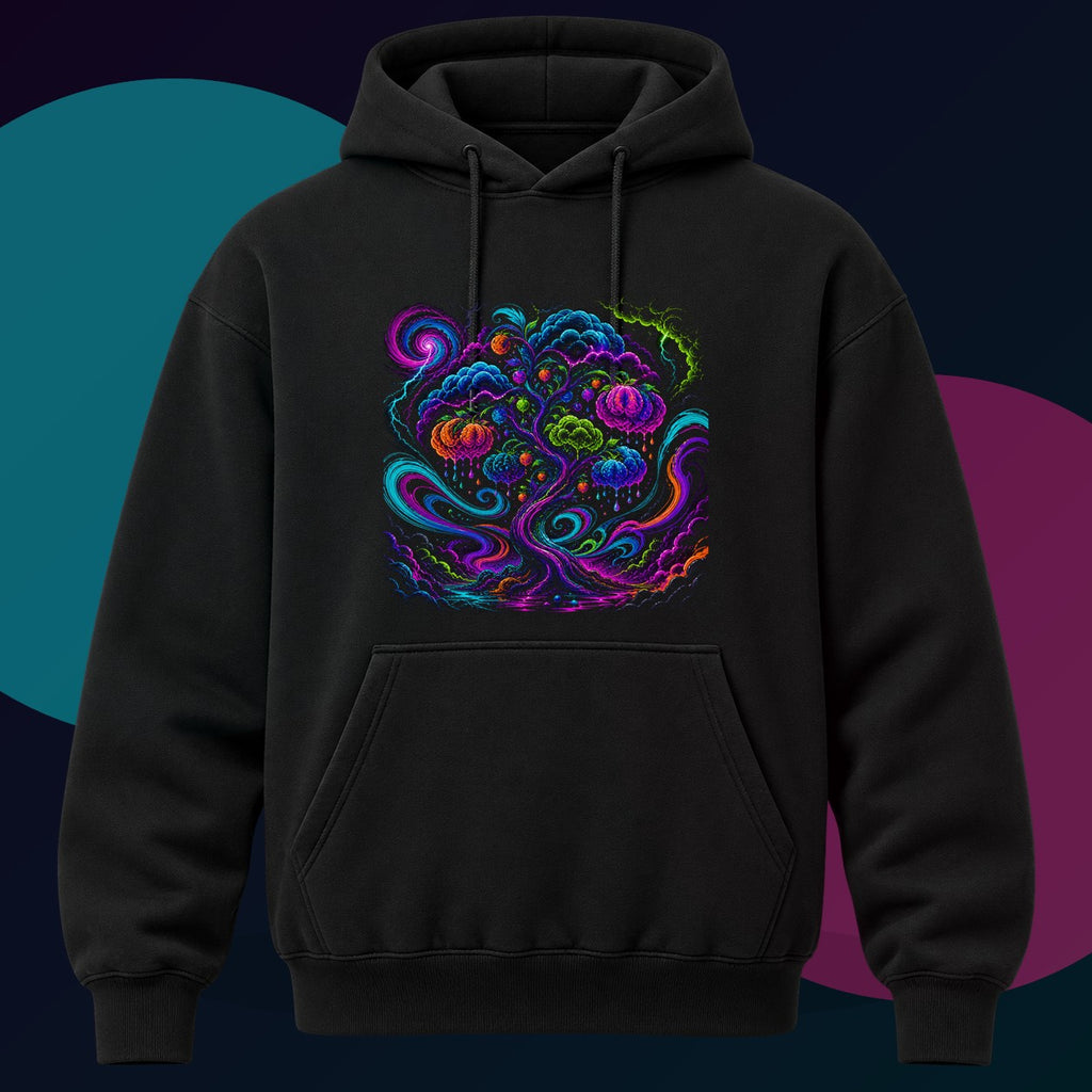 Neon Weather Orchard original KOSVYRE design on a black hoodie with cyan and violet studio lighting