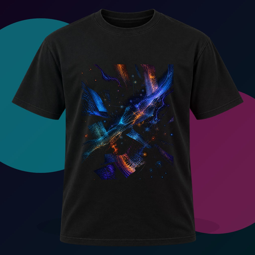 Night Archive Weather original KOSVYRE design on a black graphic tee with cyan and violet studio lighting