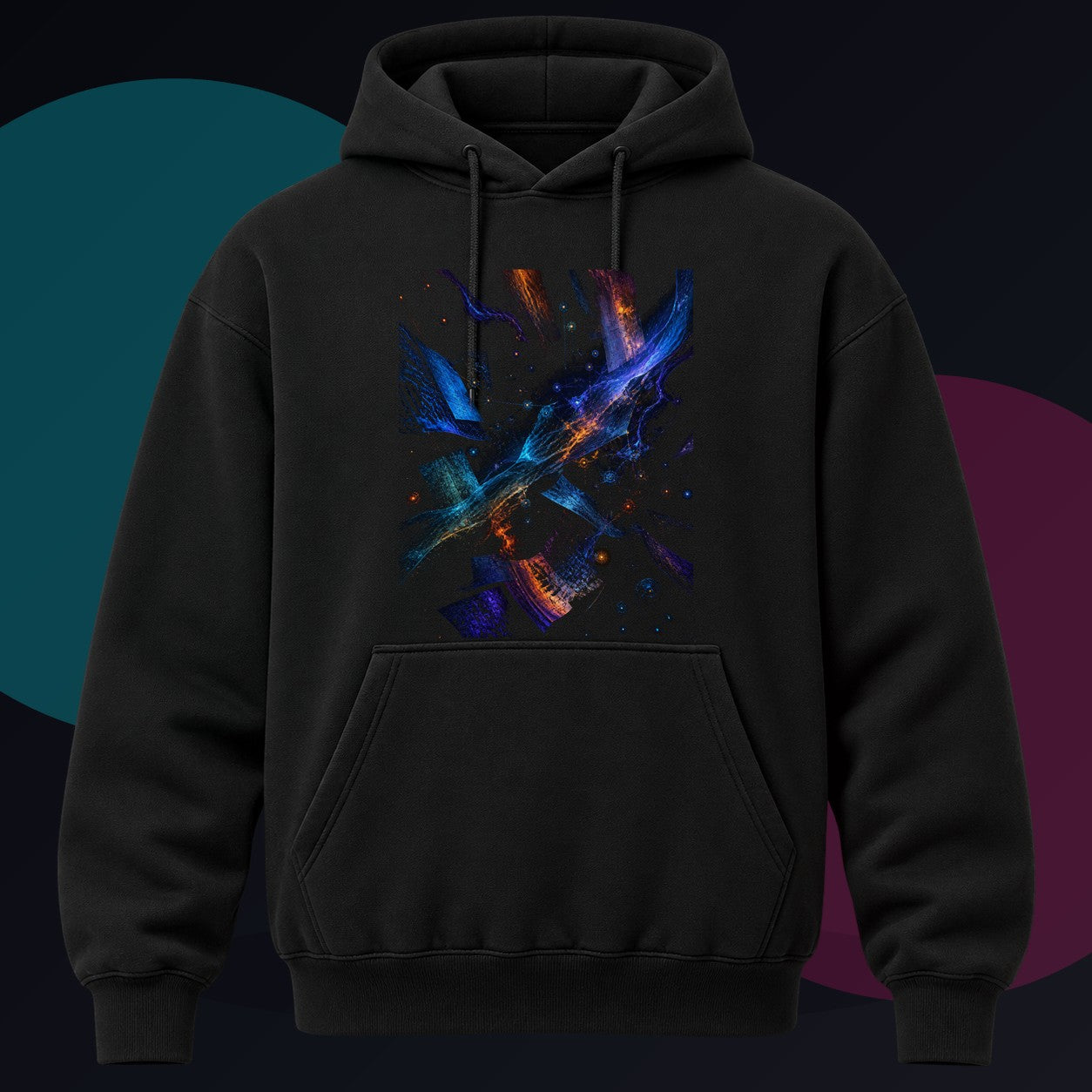 Night Archive Weather original KOSVYRE design on a black hoodie against a graphite studio background