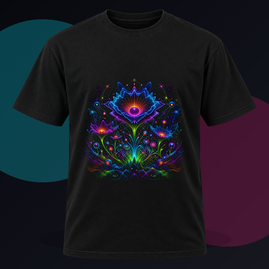 Night Bloom Frequency original KOSVYRE design on a black graphic tee against a graphite studio background