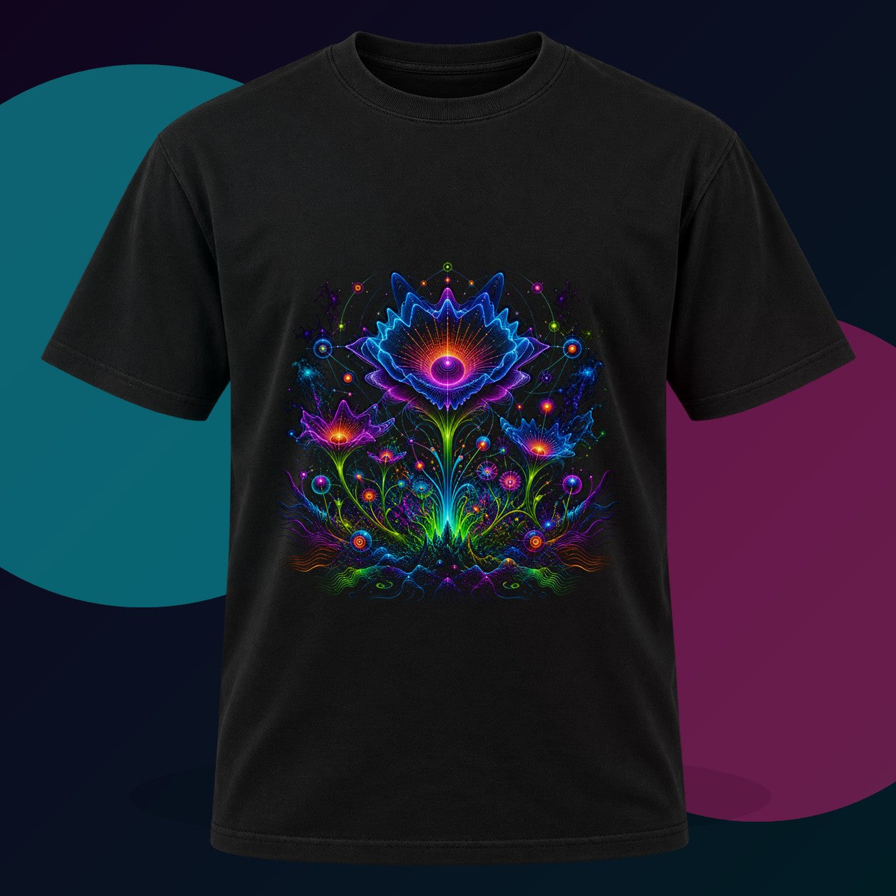 Night Bloom Frequency original KOSVYRE design on a black graphic tee with cyan and violet studio lighting