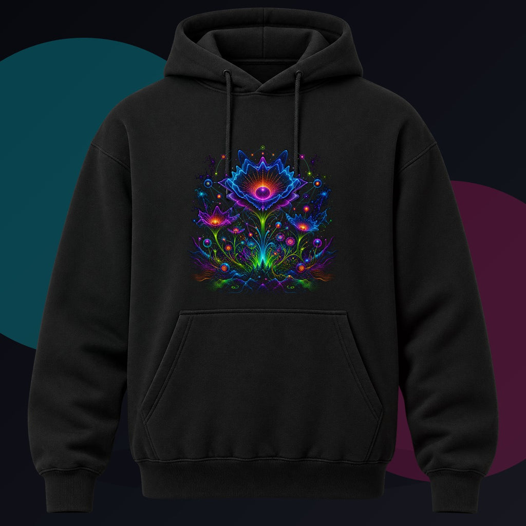 Night Bloom Frequency original KOSVYRE design on a black hoodie against a graphite studio background