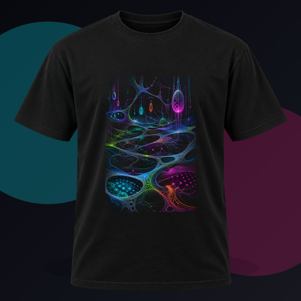 Night Circuit Meadow original KOSVYRE design on a black graphic tee against a graphite studio background
