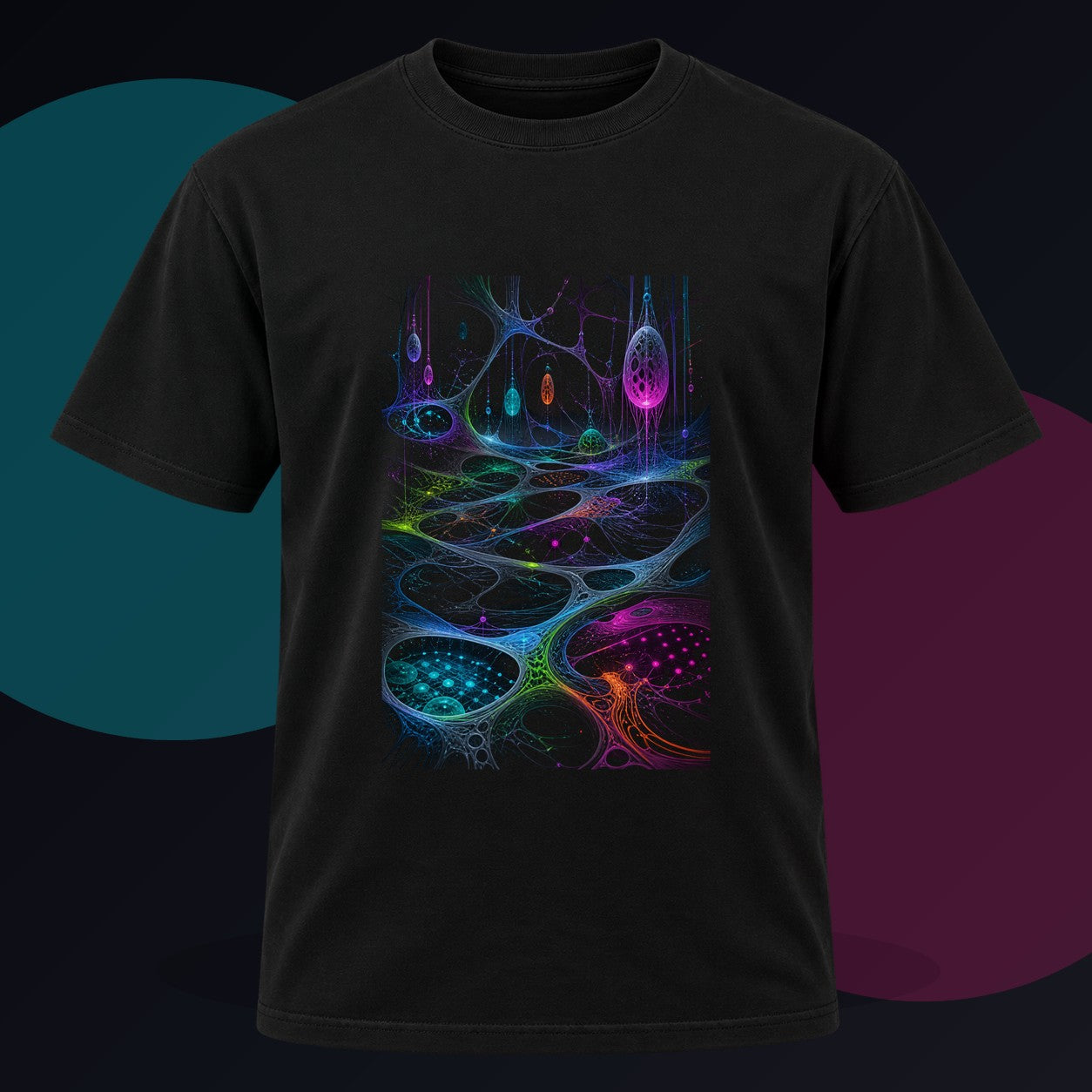 Night Circuit Meadow original KOSVYRE design on a black graphic tee against a graphite studio background