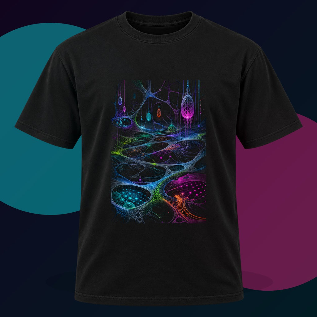 Night Circuit Meadow original KOSVYRE design on a black graphic tee with cyan and violet studio lighting