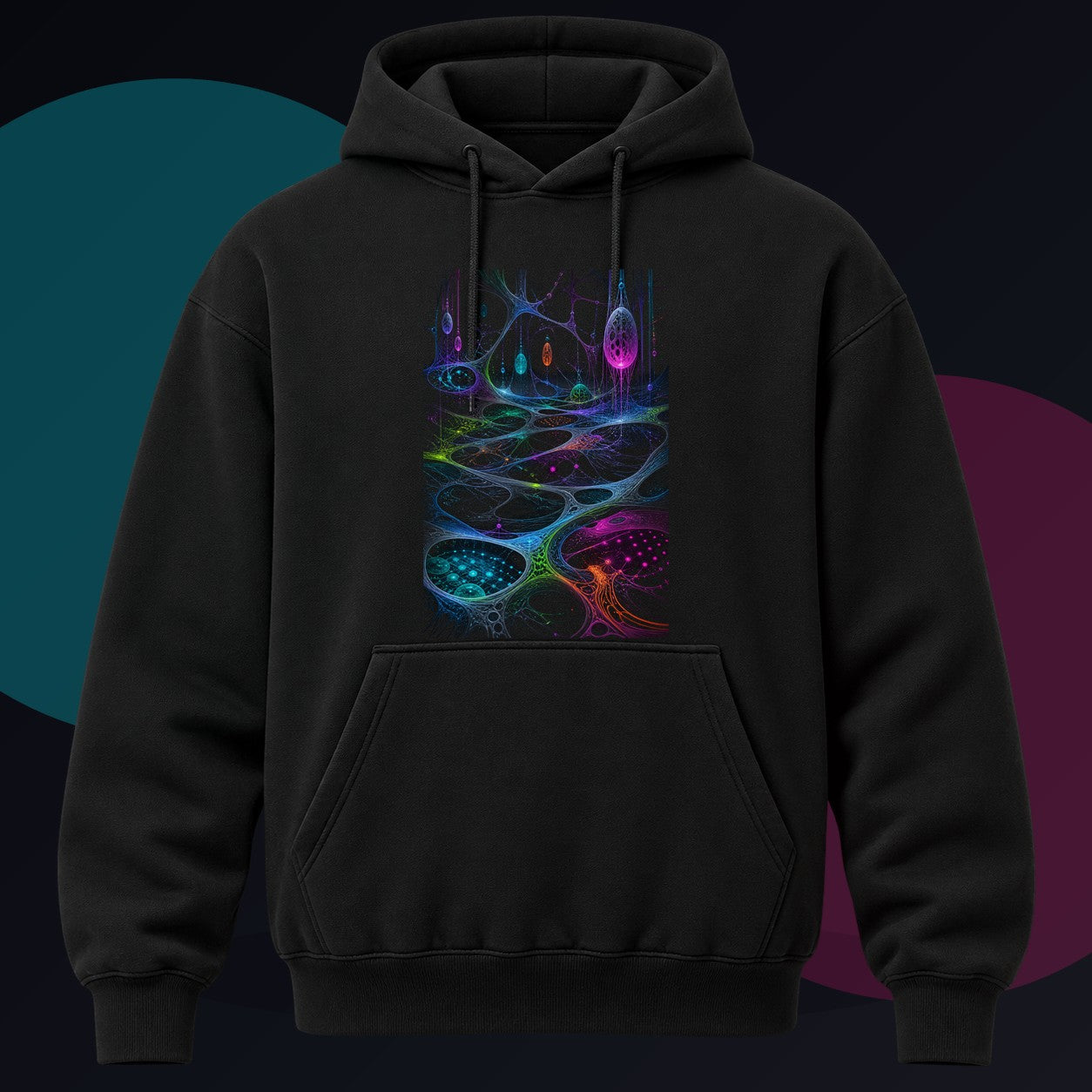 Night Circuit Meadow original KOSVYRE design on a black hoodie against a graphite studio background