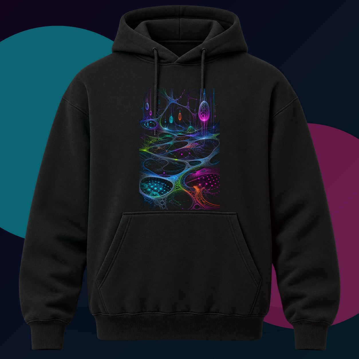 Night Circuit Meadow original KOSVYRE design on a black hoodie with cyan and violet studio lighting