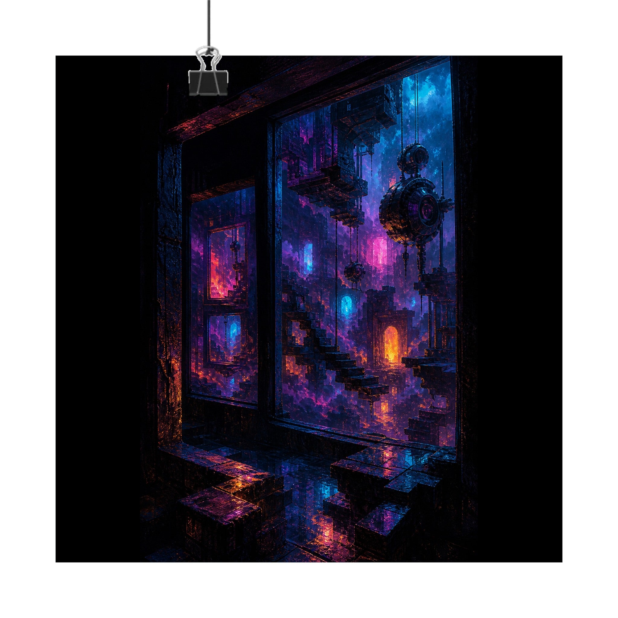 Night Window Machinery original KOSVYRE art print displayed with binder clips