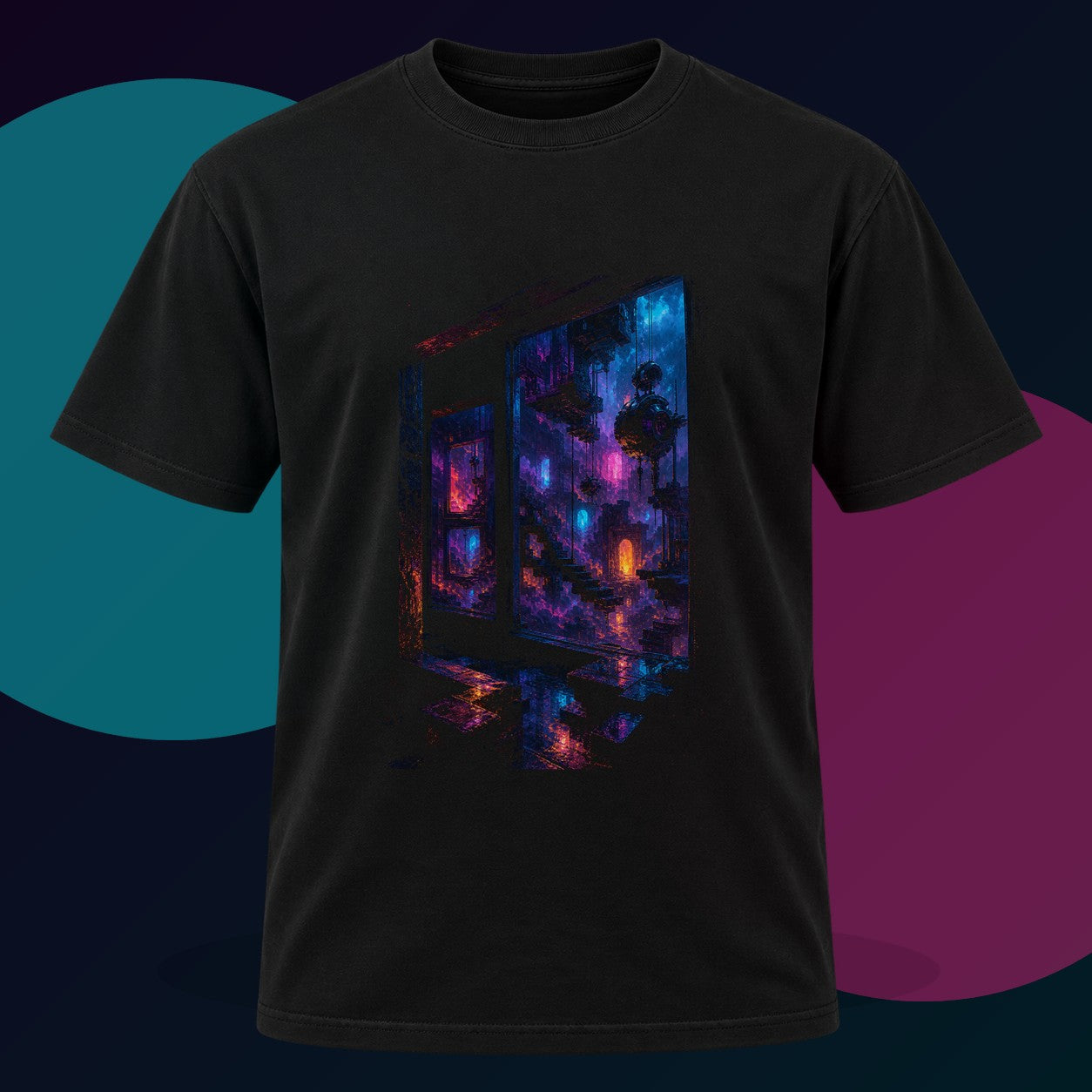 Night Window Machinery original KOSVYRE design on a black graphic tee with cyan and violet studio lighting