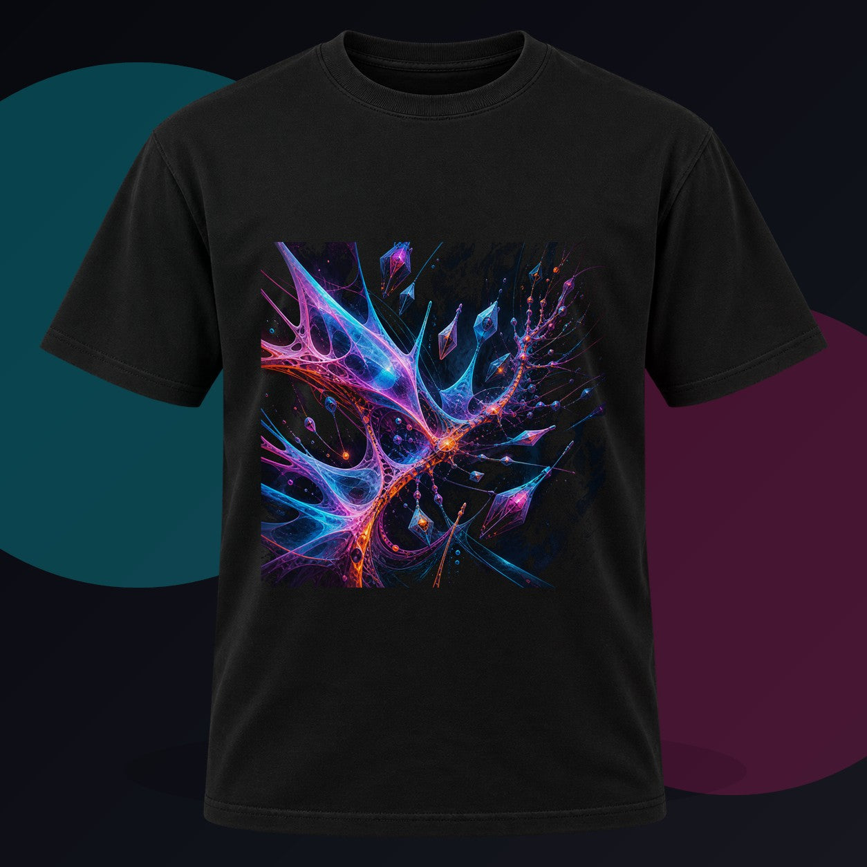 Null Meridian Bloom original KOSVYRE design on a black graphic tee against a graphite studio background